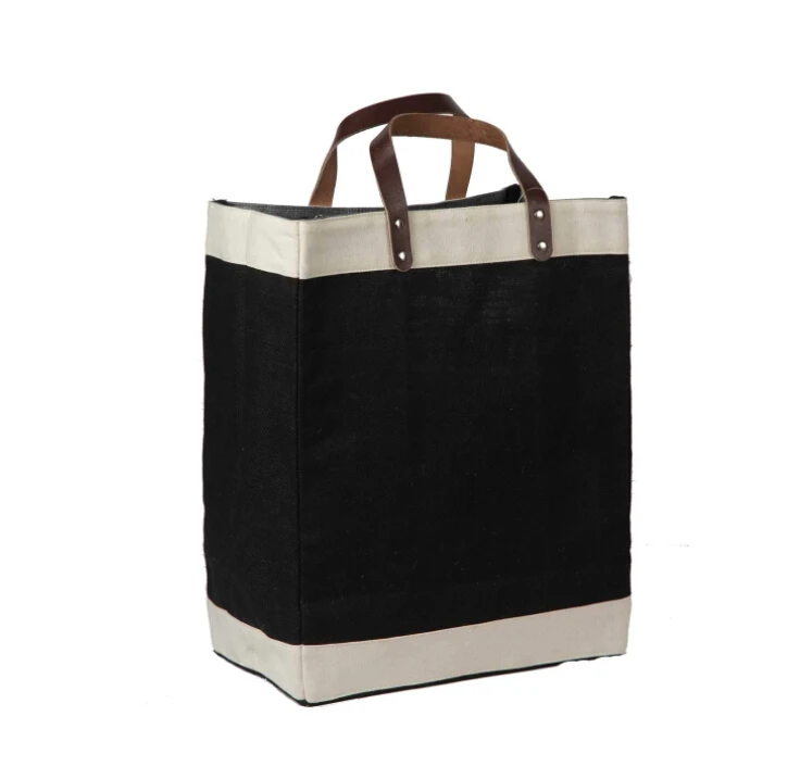 jute tote bag with leather handles
