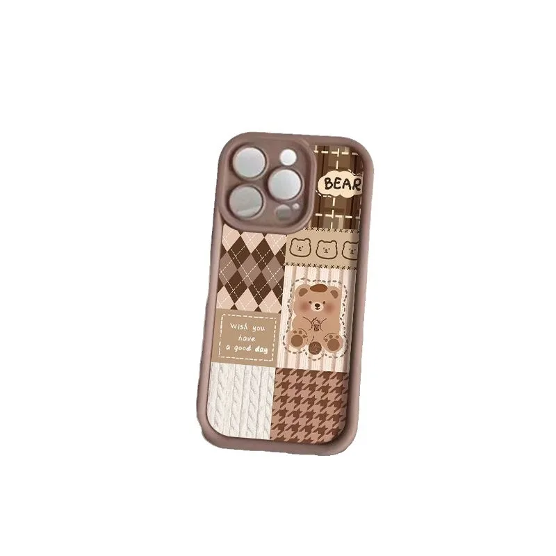 Étui de téléphone mobile en patchwork pied-de-poule automne/hiver avec ours en cartoon pour iPhone 11 12 13 14 15 16 Pro Max Plus style Ins  