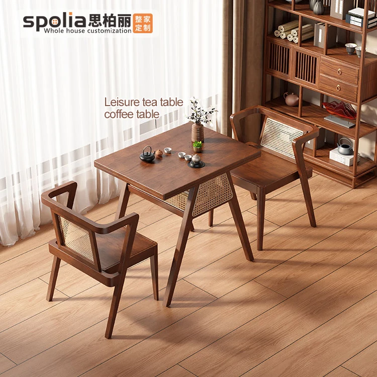 Solid Wood Balcony Dining Table with Rattan Chairs Small Coffee Tea Set for Leisure Courtyard Negotiation Stackable Storage