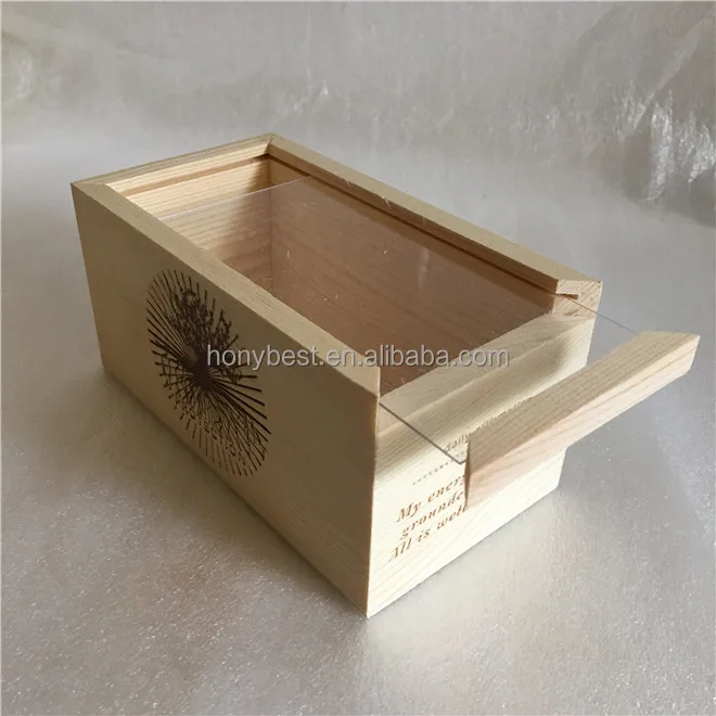 Clear Lid Pine Wood Storage Boxes Gift With Sliding Cover Wooden