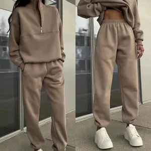 Wholesale Custom High Quality 100 Percent Cotton Blank Grey Tracksuits Long Sleeve Hoodie Jogger Set for Women Unisex