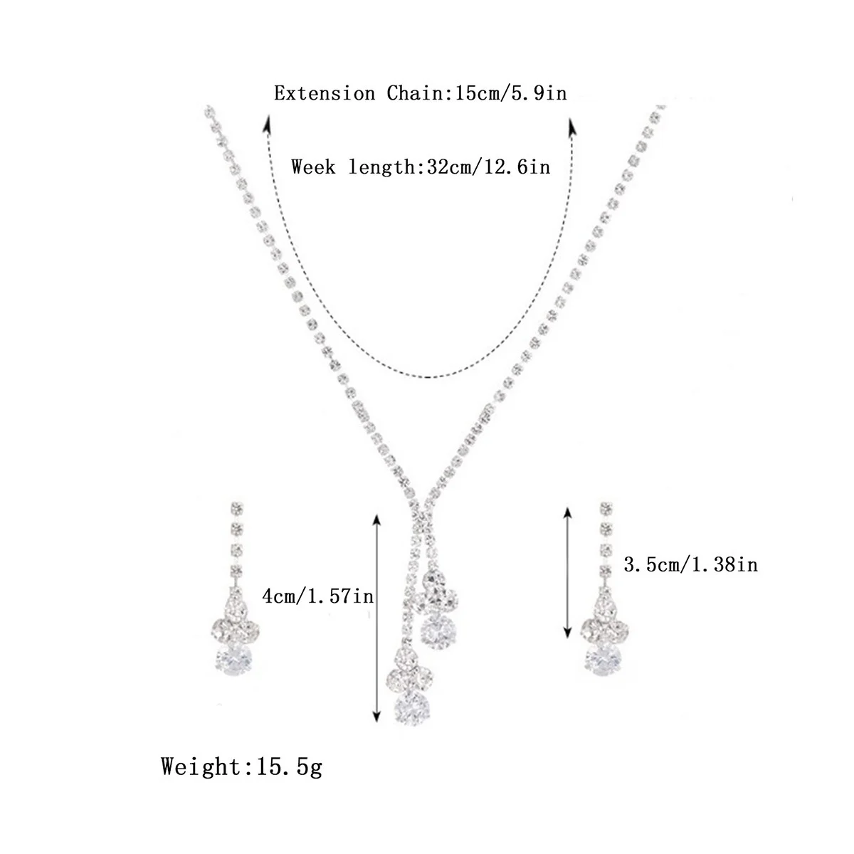 Korean Style Simple Silver Two-Piece Fashion Jewelry Set Zircon Necklace Earrings for Bride Wedding Anniversary Banquet Dress
