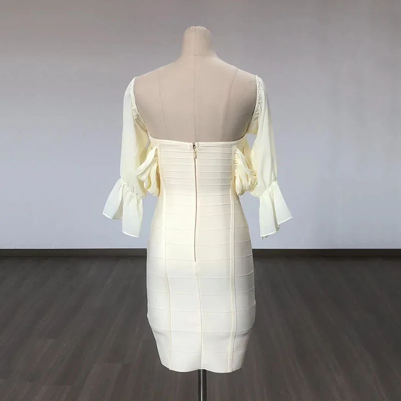 Women's Beige Bandage Fabric and Chiffon Fabric Sleeves Off-Shoulder  Bodycon Dress for Club Wear| Alibaba.com