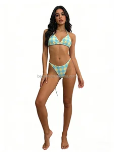2026 Printed Euro-American Style Women Recycled Swimsuit Checkboard Stylish Bikini Triangle Beachwear From Factory Manufacturer