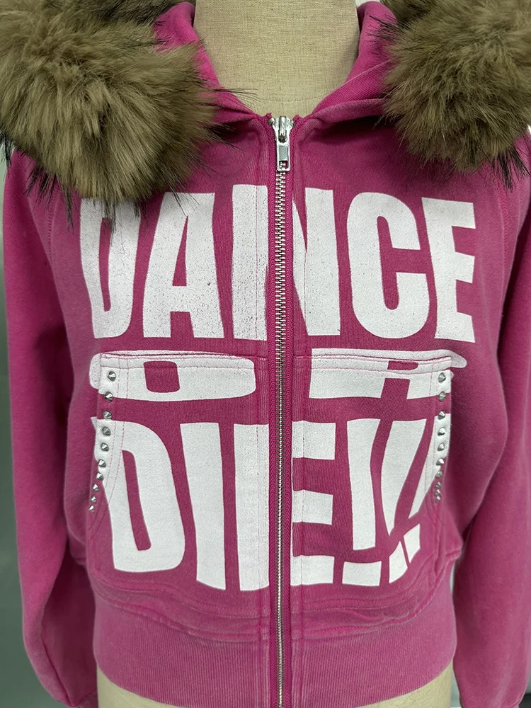 Salati Manufacturer Custom Y2K Woman 300 GSM Faux Fur Pink Screen Print Crystal Zip Distressed Crop Top Rhinestone Hoodie Women gallery 4