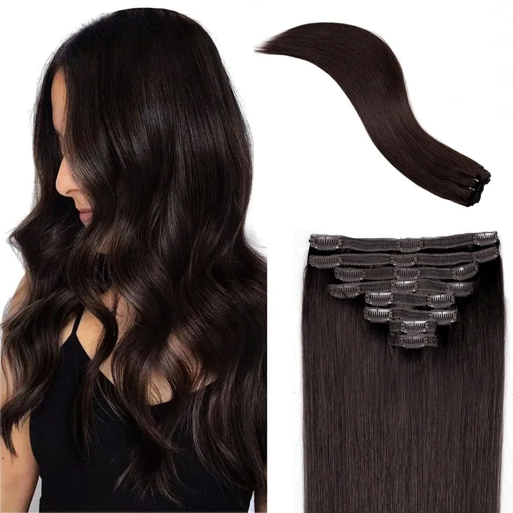 Extension con clip per capelli castano scuro, 100% veri capelli umani, doppia trama, estensione dritta_voghion.com