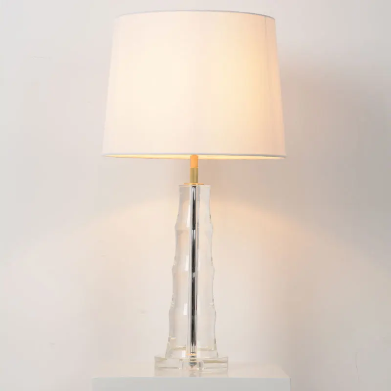 Modern Bamboo Bedside Lamp with Clear Natural Round Fabric Shade Crystal Table Lamp for Decor Lighting