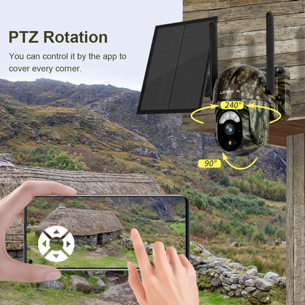 LS VISION Camouflage Hunting Trial 3MP IP PTZ Solar Powered Wireless 4G Sim Card Security CCTV Outdoor 4G Solar Camera