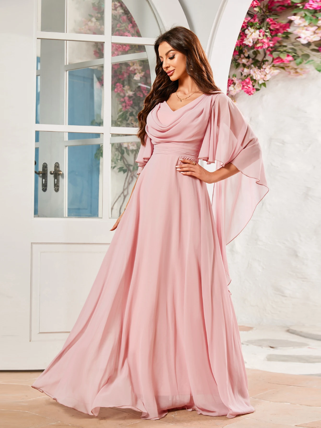 Fashionable Cowl Neck Pile Collar Butterfly Sleeve Elegant Chiffon Maxi Ruched Backless Bridesmaid Dress With Natural Waist
