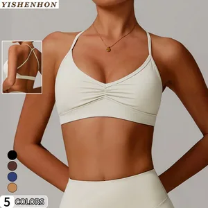 YISHENHON Quick-drying V-neck Yoga Bra for Womens Cross Back Front Pleated Underwear Running Sports Fitness Bra