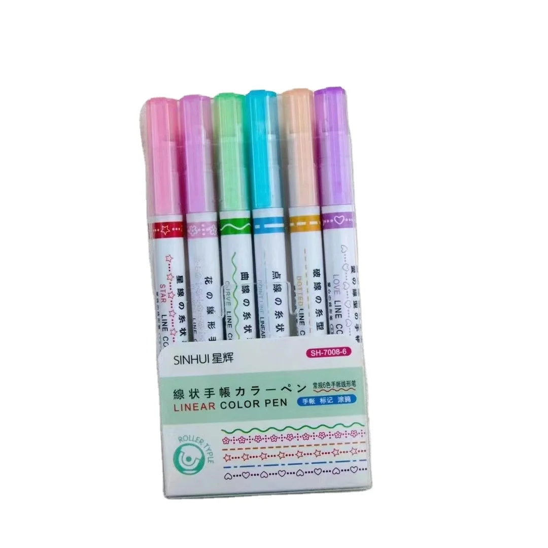 6 Colored Linear Color Pen Set Stamp Roller