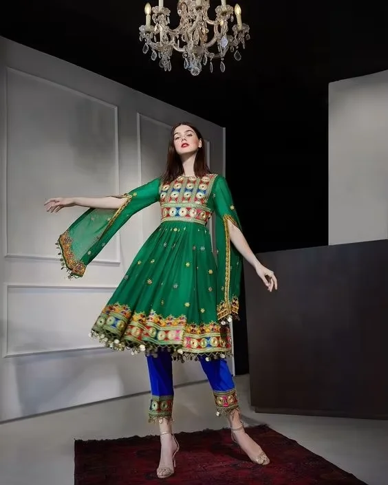 anarkali dress knee length Pretty Handmade Vintage Satin Floral Embroidery Afghani Wedding/party Wear Knee-length Stylish Sleeves cf-size-us12