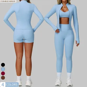 YISHENHON 2026 New Arrive OEM Gym Fitness Yoga Set for Womens Quick Dry Running Sports Clothing Zipper Solid 4 Piece Suits