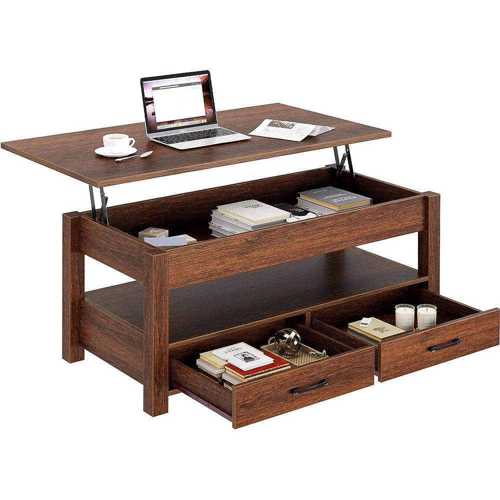 Mesa de café moderna de madera en color espresso con tapa elevable, cajones y compartimento oculto. Mesa central retro con tapa de madera elevable.