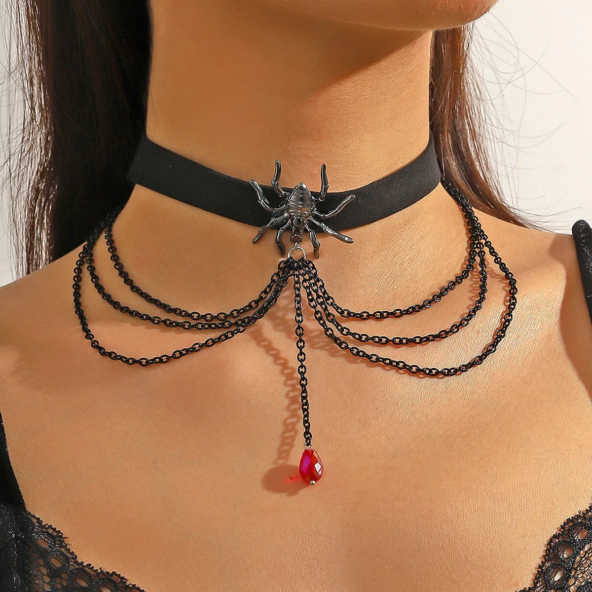 Finrezio Gotische choker voor Halloween, zwarte dameshalsketting en oorbellen, gotische rode hanger choker-masker met bengelende oorbellen, halloweensieraden voor een halloweenkostuum en rollenspel