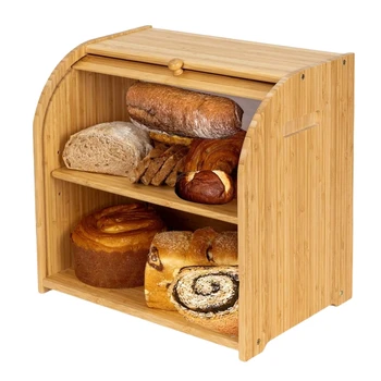 Modern Design Bamboo Bread Box Double Layer Roll Top Storage for Kitchen Countertop with Adjustable Middle Shelf Food Keeper