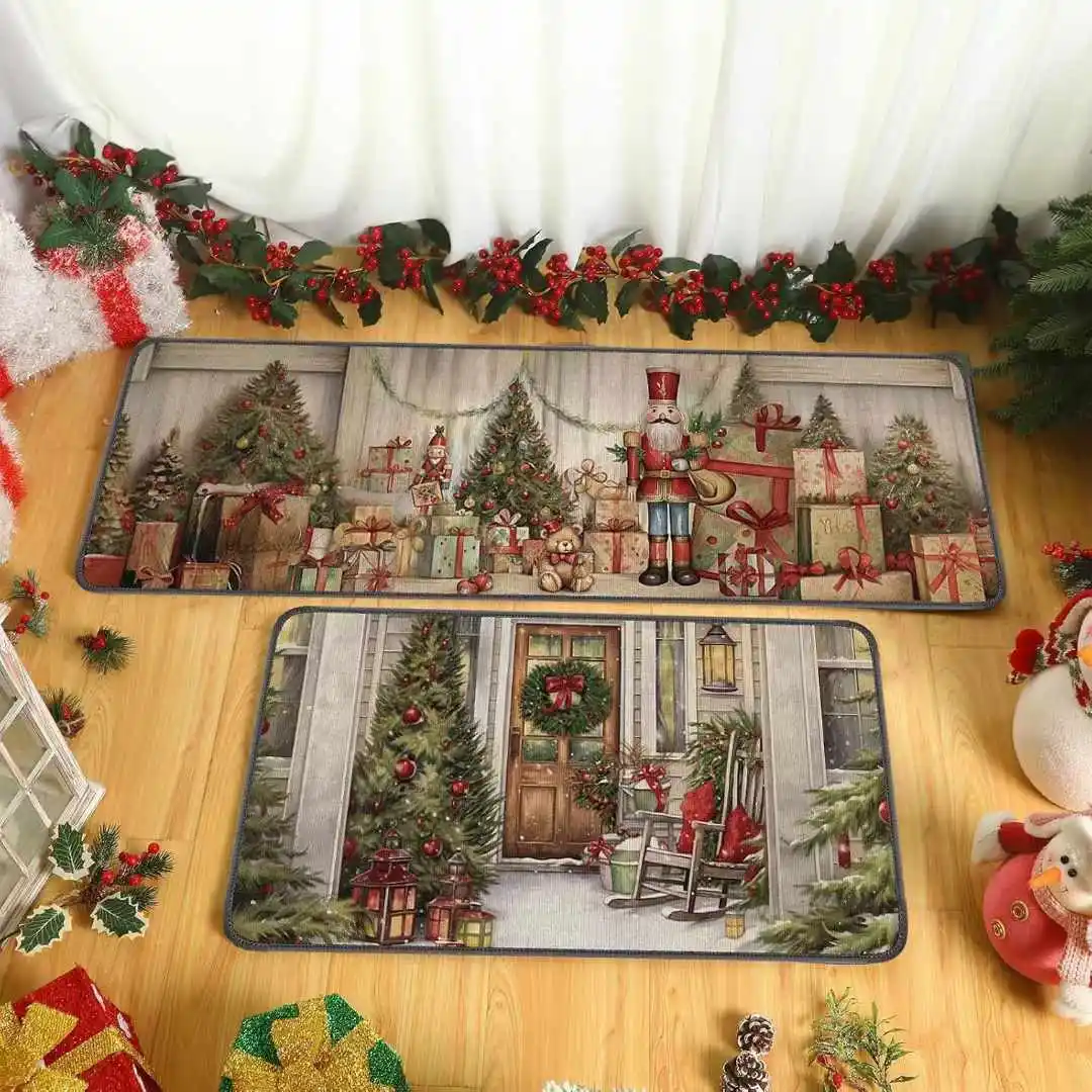 Red Merry Christmas Kitchen Rug Sets   Decorative Area TPR Backing Floor Doormat factory