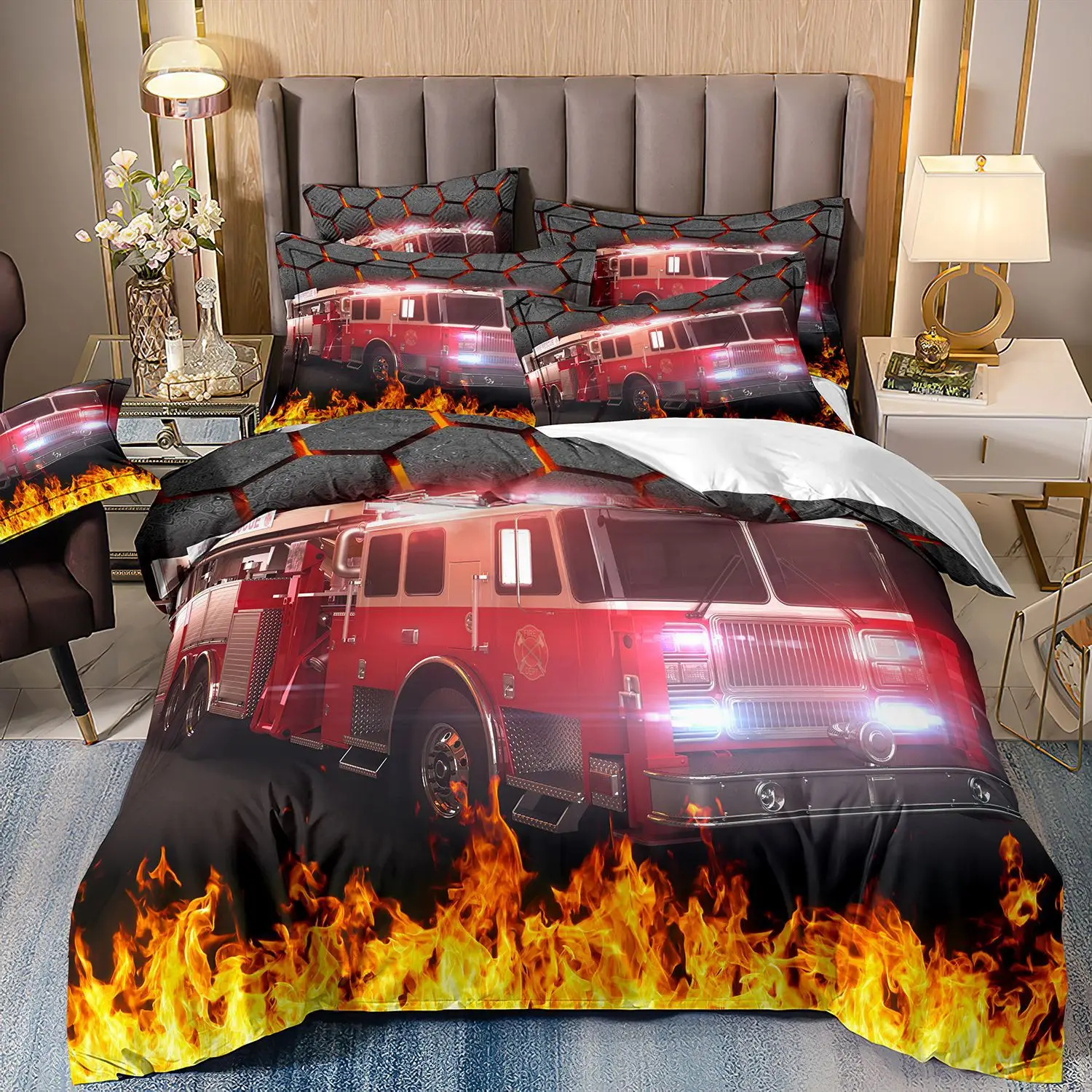 Three piece bedding sets 3D digital fire truck printed duvet cover set brushed polyester children bed set