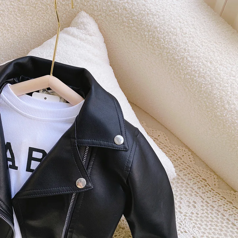 2023 Spring Autumn Children Boy PU Leather Coat Kids Fashion Long Sleeve Black High Quality Baby Girl Leather Jacket