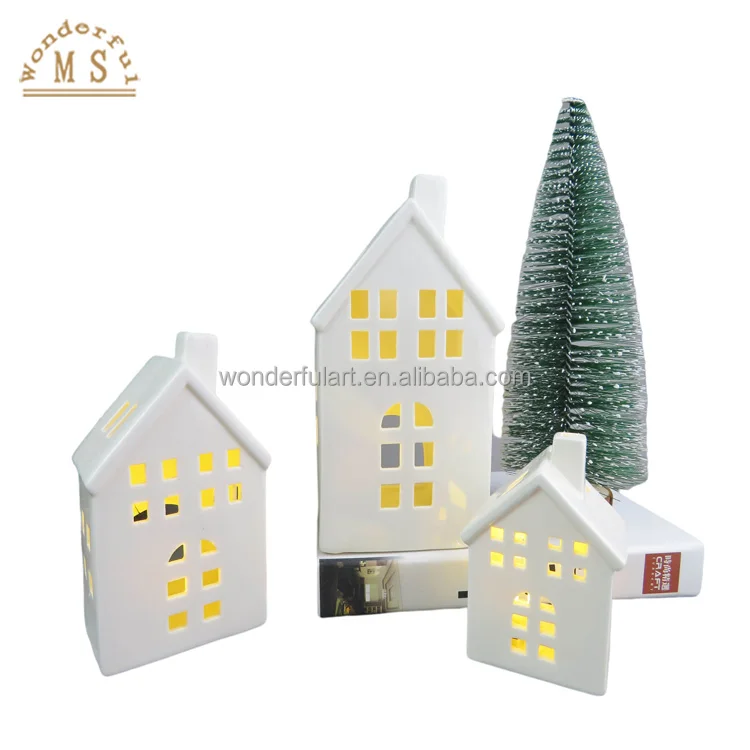 High quality Ceramic Village House Tealight Holder with Led Light for Christmas Ornament and Home Decoration Wedding Gift