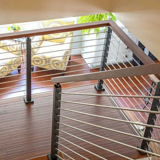 Residential stair railing design mental steel solid rod wood handrail balustrade