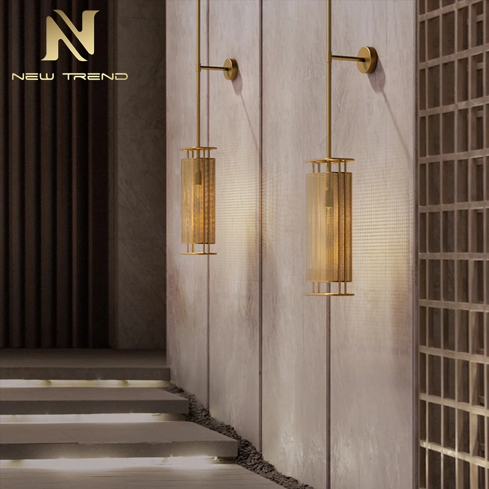 Applique murale CPL-478 de luxe en laiton brossé – Éclairage LED moderne cylindrique en treillis métallique pour chambre d’hôtel haut de gamme