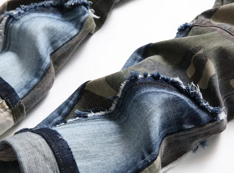 Wholesale slim fit elastic camouflage patchwork denim pant men's fashion trend small leg jeans