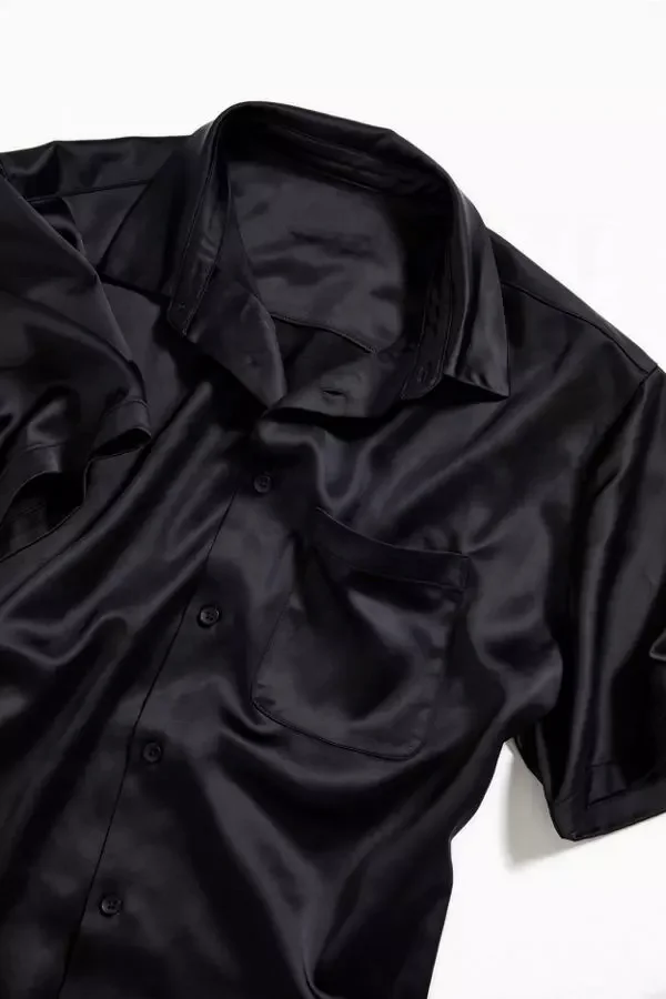 JL121R Men’s Polo Manufacturers Black Streetwear Short Sleeve Button up Casual Silk Satin Man Solid Color Shirt