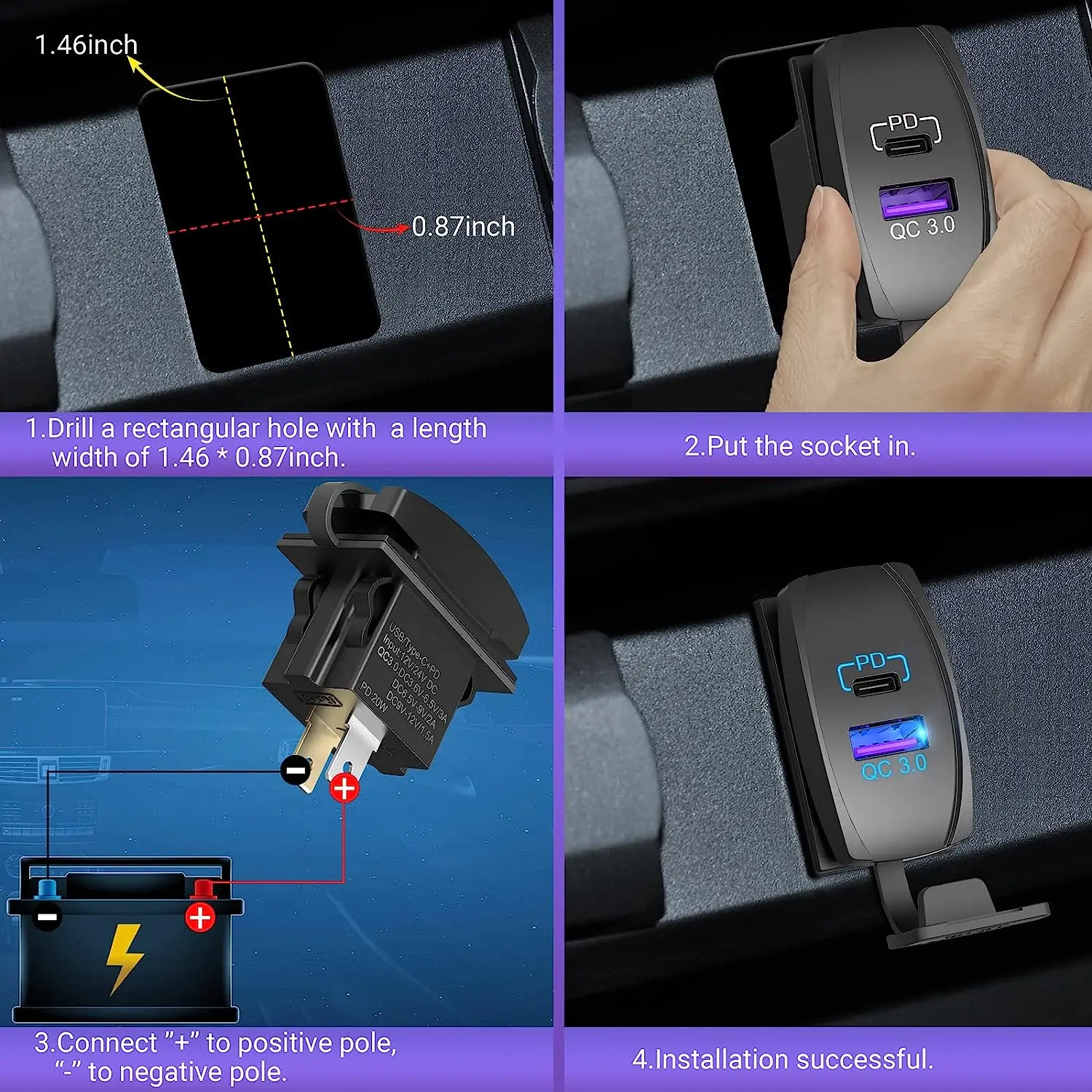 Car Retrofit 36w 12v Usb Socket Modified Usb Charging Port Pd+ Qc3.0