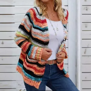 Large Size Casual Rainbow Striped Knitted Jacket Winter Coat Cardigan Sweater for Women Comfortable and Thin with Front Logo