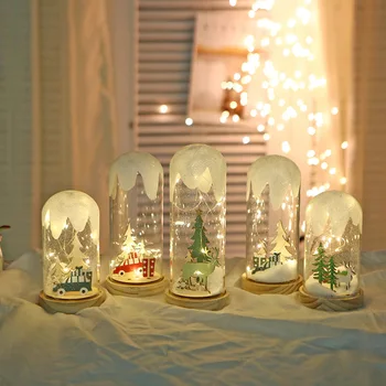 christmas decoration glass dome wooden base art craft gifts snowy christmas tree decor led light with battery operated