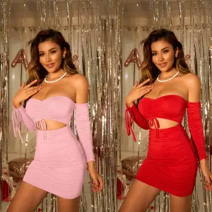 New Design Bandage Hip Wrap Strapless Long Sleeve Pleated Sexy Women Night Club Dresses