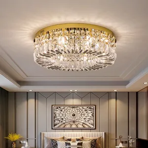 Simple Nordic Modern Home Dining Living Room Bedroom Hotel Gold Round Flush Mount Luxury K9 Crystal Led Chandelier Ceiling Light