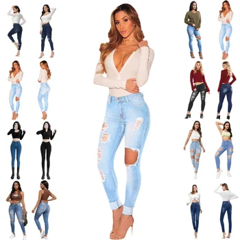 Wholesale Customized Blue Jeans Skinny Women Moms High Waisted p Ripped Cowboy Ladies Pants Plus Size