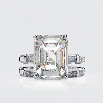 Customized 925 Sterling Silver Ring Women Wedding Set Stacking Rings With Emerald Cut 5A CZ