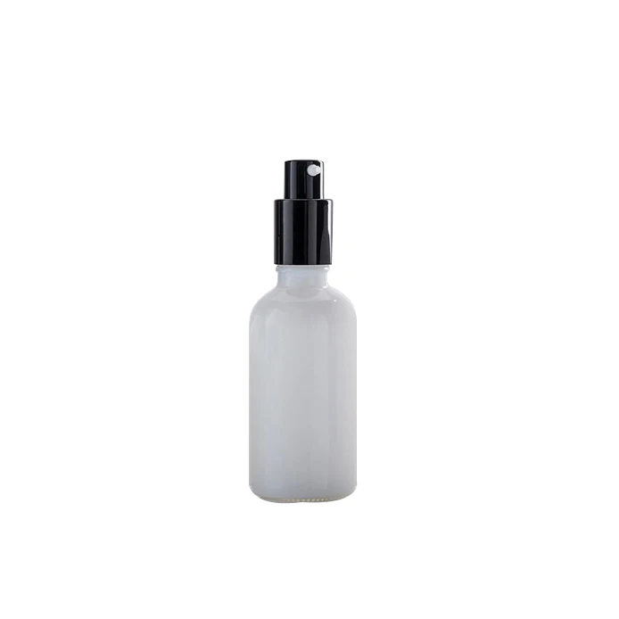 50ml empty boston round opal white porcelain cosmetic glass lotion bottle with black aluminum serum pump