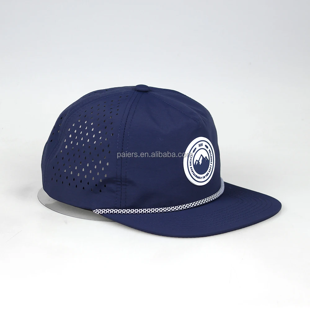 Wholesale Custom 5 Panel Rubber Pvc Logo Rope Baseball Cap,Waterproof Laser Cut Hole Perforated