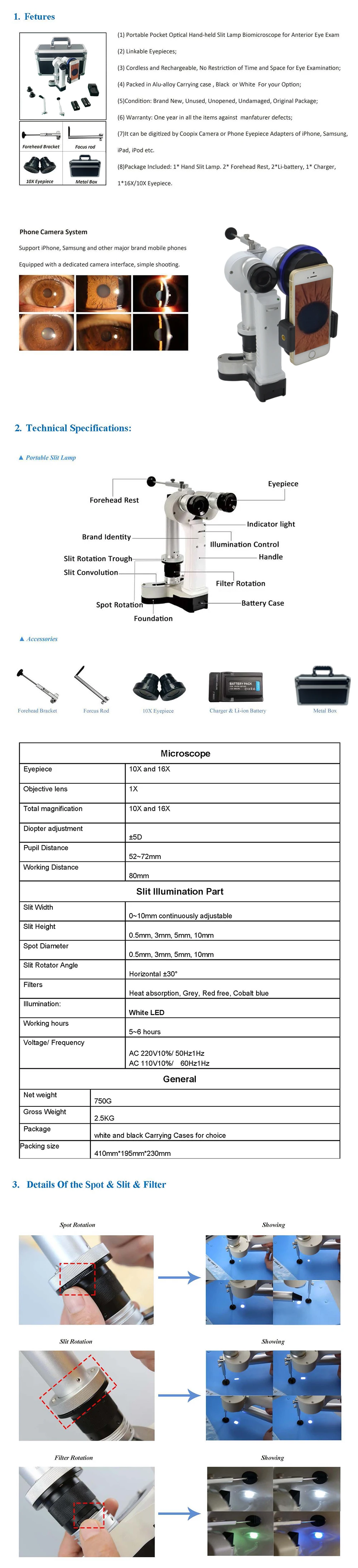 Mobile HSL-3 Portable Slit Lamp Microscope 6-Hour Battery Outpatient Home Visits, Veterinary Use Judicial On-Site Diagnosis