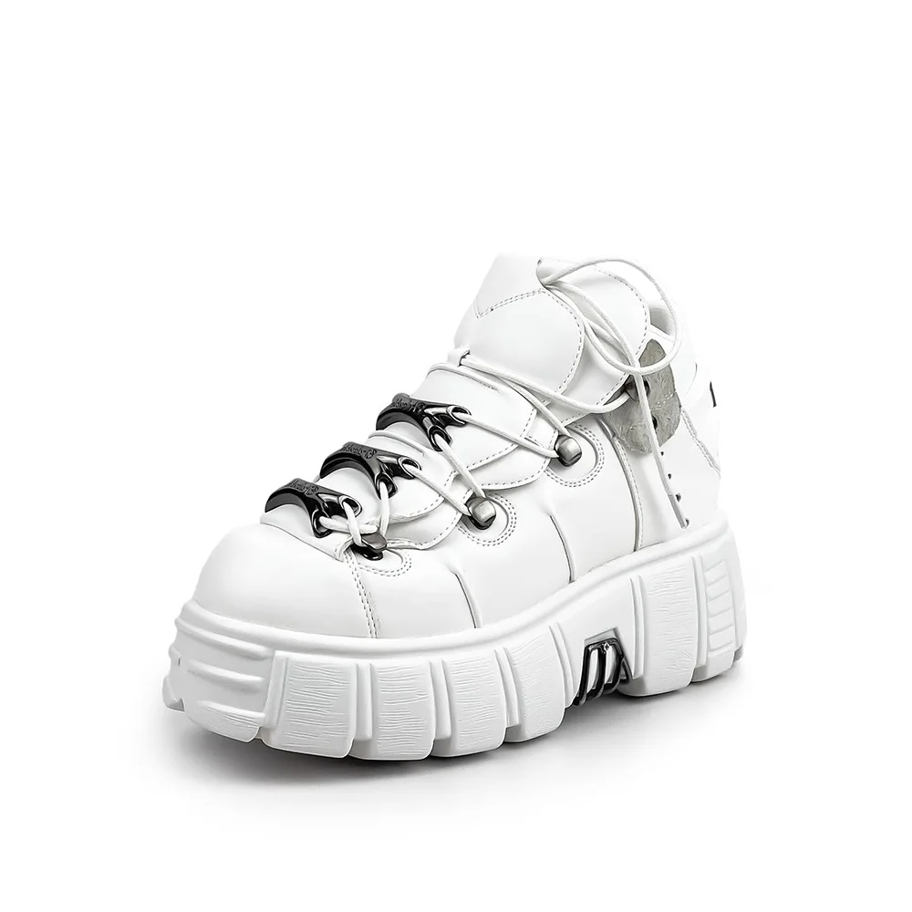 Winter Fashion Round Toe Metal Shoes Thick Sole Ladies Low Top Punk Style Women Chunky Platform Black Leather Boots - Image 5