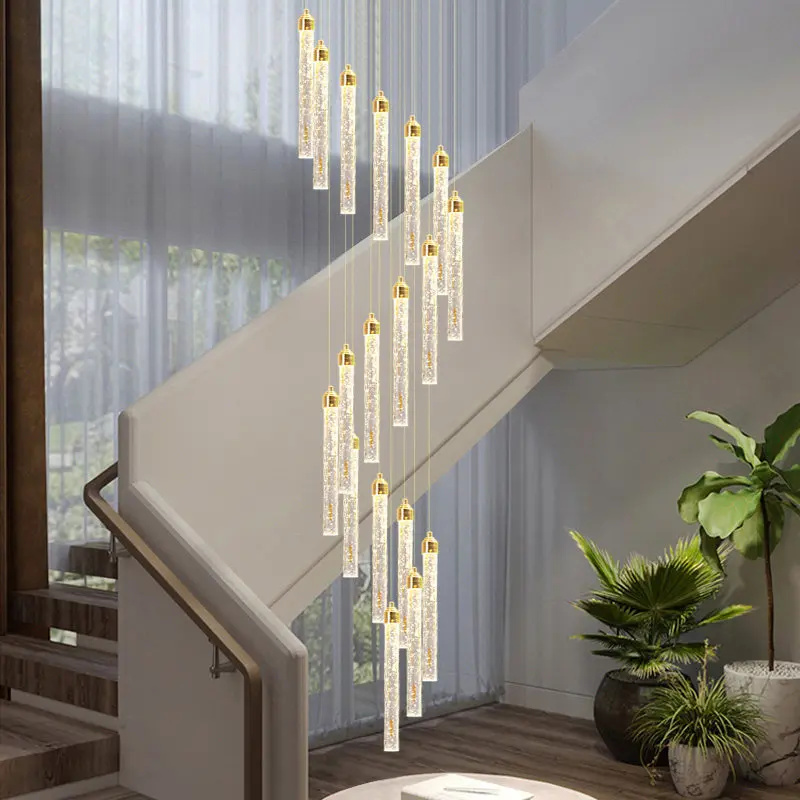 Candelier Tangga Berputar Bergaya Meja, Emas LED, Silinder Kristal, Lampu Bilik Tamu Mewah Moden untuk Loft