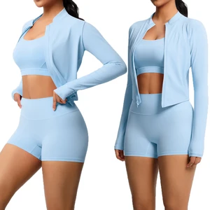 High Quality Solid Color Yoga Bra Sports Jacket Cardigan Jogging Shorts Fitness Yoga Suit Women Three Piece Set
