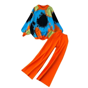 Autumn and Winter Casual Sweater Set Loose Jacquard Top and Flared Wide-leg Pants Knitted Two-piece Set for Women