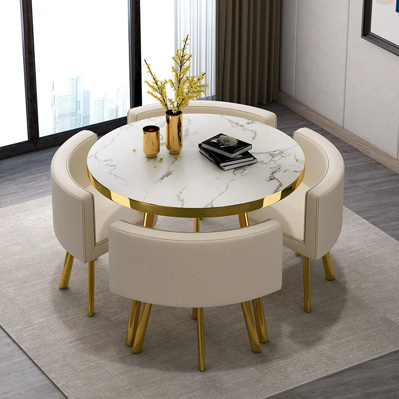 Luxury Round Top Dining Table Set with Metal Chairs MDF Wood for Living Room Restaurant Office 1 Table 4 Chairs