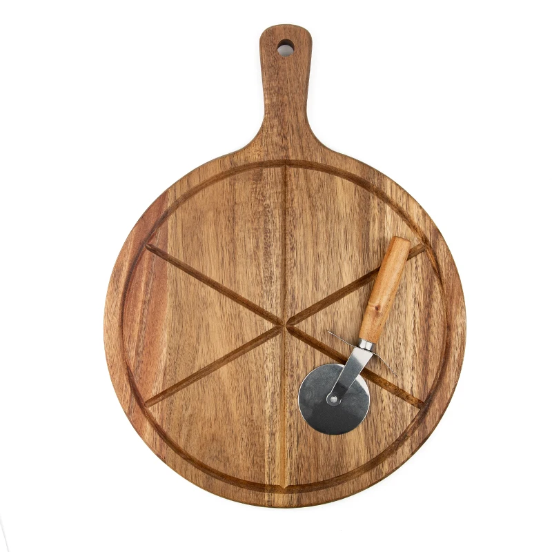 Natural Wood Pizza And Cheese Serving Board With Handle Acacia Wood
