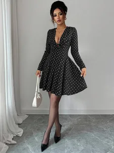 Sample Customization New Women's Fashion Polka Dot V-Neck Long Sleeve Elastic Waist Skirt Lady Elegant Dress