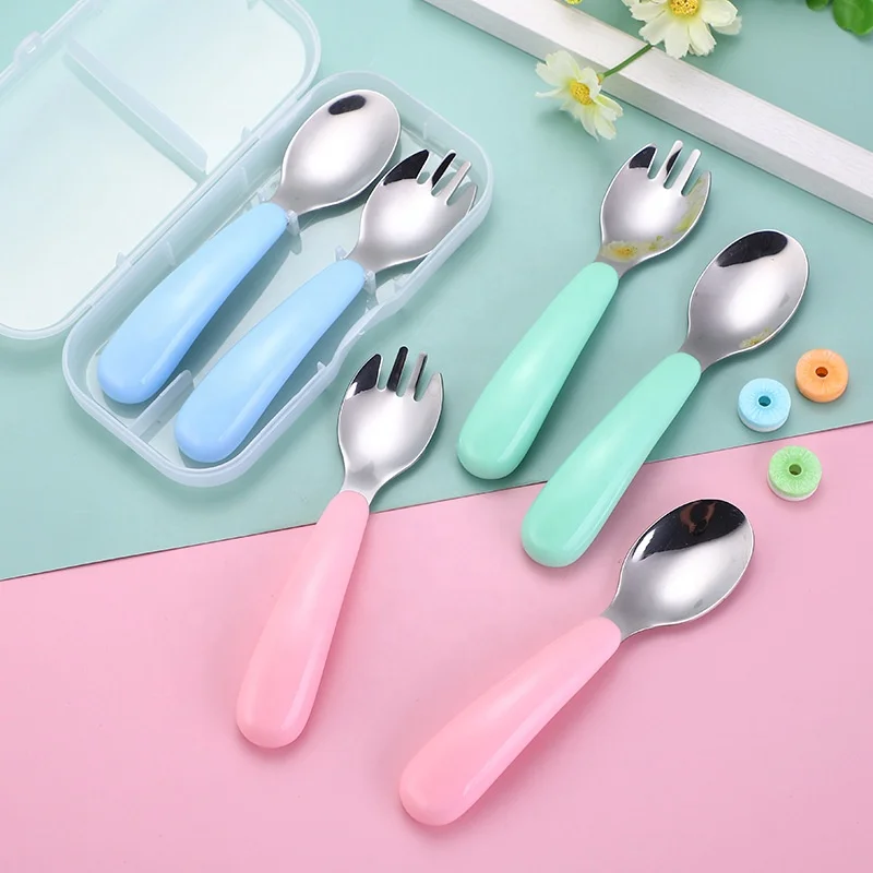 2Pcs Toddler Utensils Stainless Steel Baby Forks and Spoons Kids Silverware  Set Children's Safe Flatware Metal Baby Cutlery Set with Round Handle  (blue) 