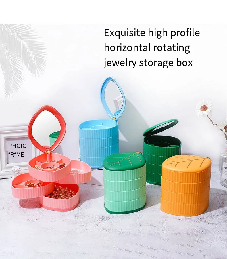 Creative multi-functional rotating leaf jewelry box Desktop storage box Earrings necklace headdress with mirror jewelry box supplier