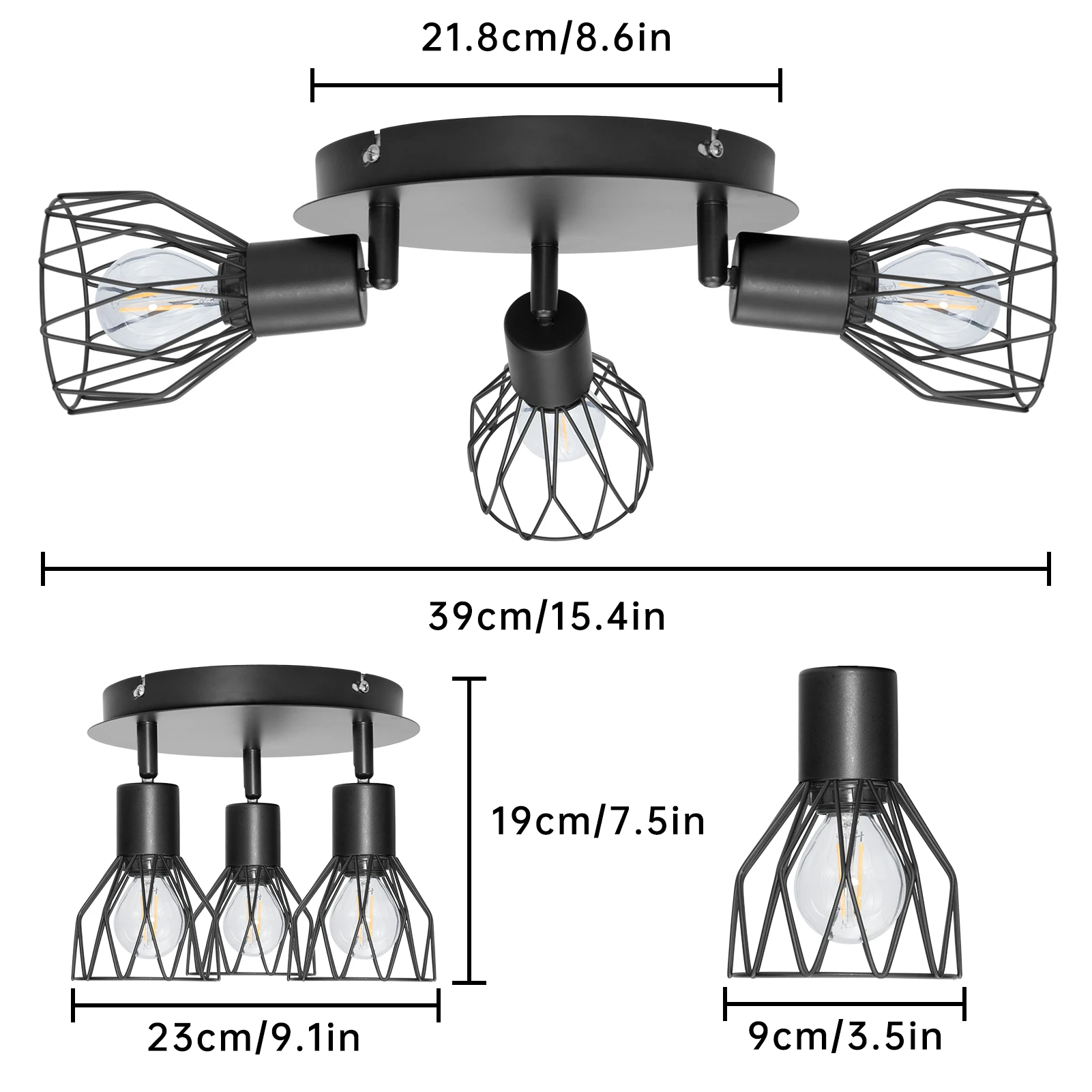 Black 3 Light Round Plate 3 Way Swiveling Ceiling Spotlight Fixture E14 ...