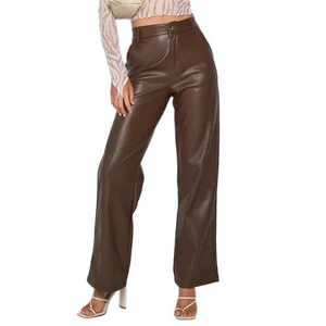 Autumn Casual Fashion Regular Fit High Waist PU Breathable Dark Plain Dyed Elastic Waist High Street Straight Pants