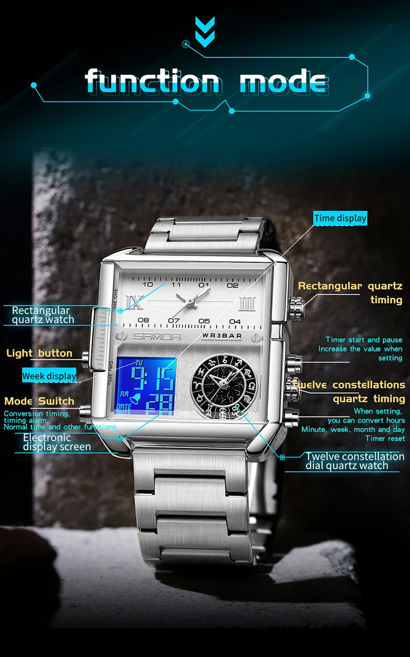 Sanda 9008 Multifunctional Luminous Waterproof Watch For Men